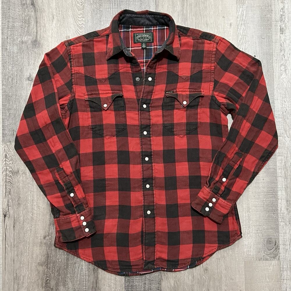 VTG Polo Country Ralph Lauren Red Buffalo Plaid Pearl Snap Western Men's Shirt M